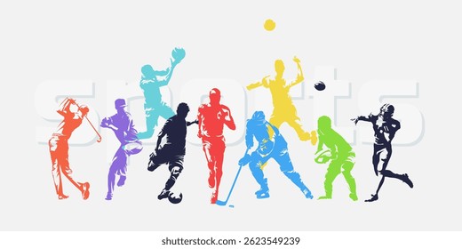 Sports, group of athletes of various sports disciplines. Isolated vector silhouettes. Run, soccer, hockey, volleyball, basketball, rugby, baseball, american football, golf