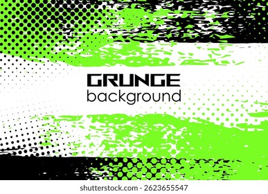 Sports grunge background. Colorful background with halftone effect and grunge brush. Abstract black and green dirty background with halftone effect. Vector illustration for flyer, banner, poster