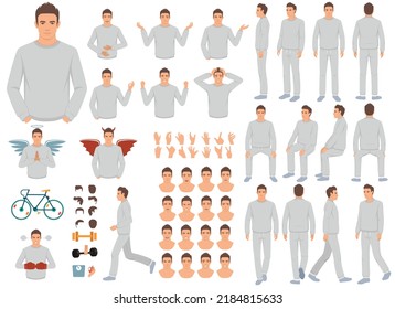 Sports guy character constructor. Bodybuilder man creation set. Different postures, hairstyle, face, legs, hands, equipment, clothes collection. Vector cartoon illustration. Front, side, back view.