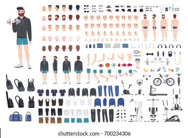 Sports guy character constructor. Bodybuilder man creation set. Different postures, hairstyle, face, legs, hands, equipment, clothes collection. Vector cartoon illustration.  Front, side, back view.