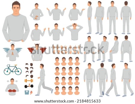 Sports guy character constructor. Bodybuilder man creation set. Different postures, hairstyle, face, legs, hands, equipment, clothes collection. Vector cartoon illustration. Front, side, back view.