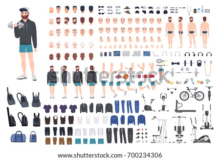 Sports guy character constructor. Bodybuilder man creation set. Different postures, hairstyle, face, legs, hands, equipment, clothes collection. Vector cartoon illustration.  Front, side, back view.