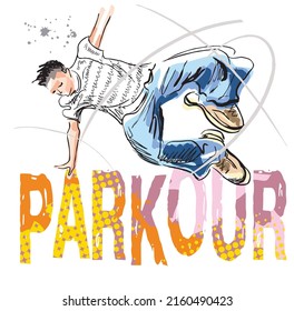 Sports guy doing parkour. Sketch on the topic of extreme sports. male youth postcard.