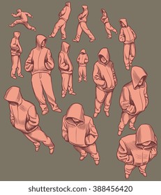 Sports guys in hoods. Design set. Hand drawn engraving. Vector vintage illustration. Isolated on color background. 8 EPS