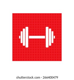 Sports gym equipment. Dumbbell - Vector icon isolated. red square button.