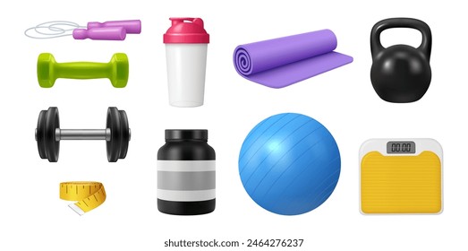 Sports and gym equipment for exercises and workouts. Vector isolated shaker for protein drink, jumping rope and yoga mat, kettlebell and barbell, ball for fitness and weights with measuring tape