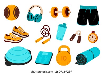 Sports and gym equipment set with dumbbells, headphones, shorts and more
