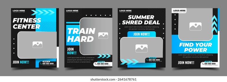 Sports, gym, and fitness social media template design. Set of modern masculine banner with blue and black color scheme. Usable for social media post, story, flier, banner, brochure.