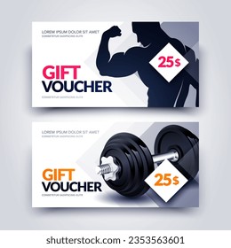 Sports Or Gym Voucher With Dumbbell And Muscular Men Silhouette