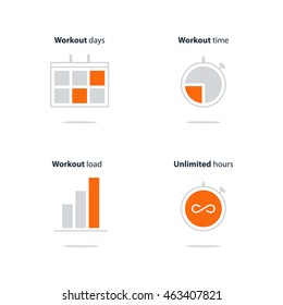 Sports Gym, Workout Session, Daily Schedule Arrangements, Icons Set