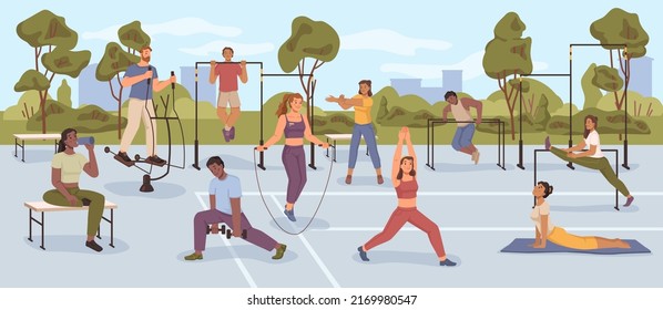 Sports and gymnastics, fitness and outdoors activities for health. Woman skipping on jumping rope, man with dumbbells pushing and pulling up characters. Flat cartoon, vector illustration