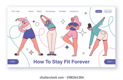 Sports, gymnastics, fitness, yoga concept for landing page template. Smiling woman doing exercises, workout, training. Vector characters in different poses, flat design, outline, line art.