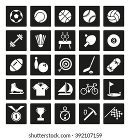 Sports and gymnastics icons set. Collection of 25 vector symbols in rounded squares