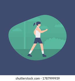 Sports gymnastics and jogging activities concept. illustration of a woman running in a park or place. flat design. can be used for elements, landing pages, UI, websites.