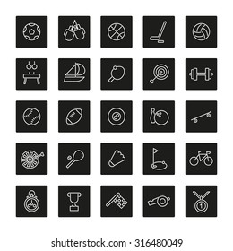 Sports and gymnastics Line Icons Collection. Set of 25 symbols, negative in black squares with rounded corners