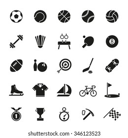 Sports And Gymnastics Vector Icons Set. Collection Of 25 Solid Black Symbols On White Background