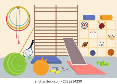 Sports hall for children. Sports equipment. Vector color illustration.