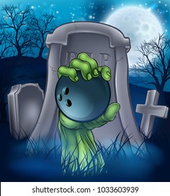 A sports Halloween graveyard illustration with a zombie hand breaking out of a grave holding a bowling ball.