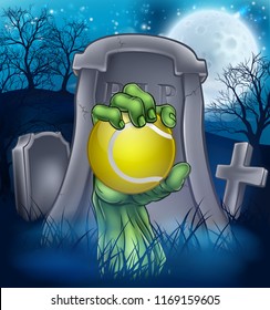 A sports Halloween graveyard illustration with a zombie hand breaking out of a grave holding a tennis ball.