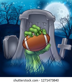 A sports Halloween graveyard illustration with a zombie hand breaking out of a grave holding an American football ball.