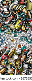 Sports hand drawn doodle banner. Cartoon detailed flyer. Athletic identity with objects and symbols. Color vector design elements background