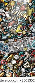 Sports hand drawn doodle banner. Cartoon detailed flyer. Athletic identity with objects and symbols. Color vector design elements background