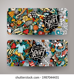 Sports hand drawn doodle banners set. Cartoon detailed flyers. Activities identity with objects and symbols. Athletic background illustrations. Color vector design elements
