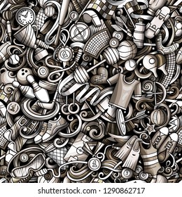 Sports hand drawn doodles seamless pattern. Monochrome, detailed, with lots of objects vector background