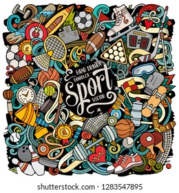 Sports hand drawn vector doodles illustration. Activities poster design. Athletics elements and objects cartoon background. Bright colors funny picture. All items are separated