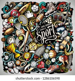 Sports hand drawn vector doodles illustration. Activities poster design. Athletics elements and objects cartoon background. Bright colors funny picture. All items are separated