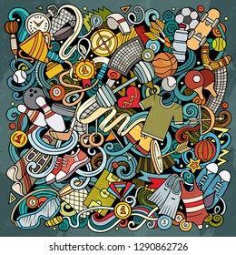 Sports hand drawn vector doodles illustration. Activities poster design. Athletics elements and objects cartoon background. Bright colors funny picture. All items are separated