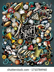 Sports Hand Drawn Vector Doodles Illustration. Activities Poster Design. Athletics Elements And Objects Cartoon Background. Bright Colors Funny Picture. All Items Are Separated