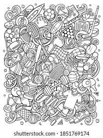 Sports Hand Drawn Vector Doodles Illustration. Activities Poster Design. Athletics Elements And Objects Cartoon Background. Line Art Funny Picture. All Items Are Separated