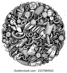 Sports hand drawn vector doodles illustration. Activities round design. Athletics elements and objects cartoon background. Monochrome funny picture.