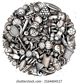 Sports hand drawn vector doodles illustration. Activities round design. Athletics elements and objects cartoon background. Monochrome funny picture.