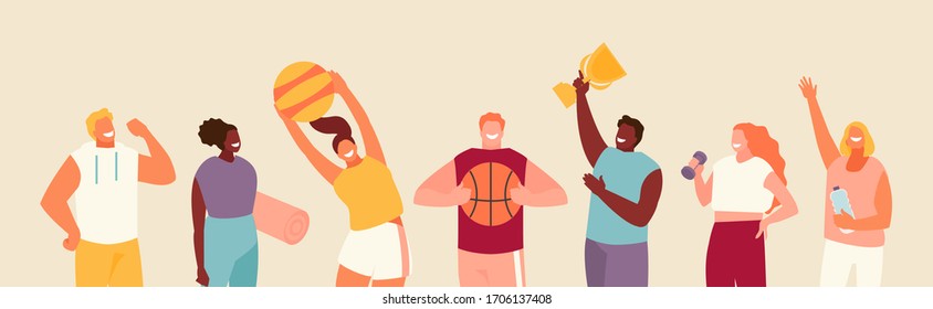 Sports happy people with fitness accessories. Healthy lifestyle vector illustration