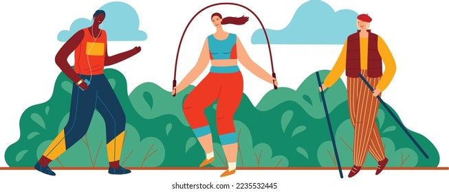 Sports, health care, immunity strengthening, good outdoor habit, healthy fitness, cartoon vector illustration, isolated on white.