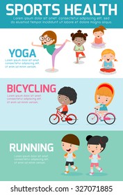 Sports Health Infographics, Sports Health concept people exercise , cycling, running, yoga. kids sports health, child sports health, vector illustration.