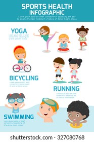 Sports Health Infographics, Sports Health Concept People Exercise Set , Swimming,cycling, Running, Yoga. Kids Sports Health, Child Sports Health, Vector Illustration.