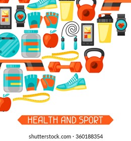 Sports and healthy lifestyle background with fitness icons. Image can be used on advertising booklets, banners, flayers.