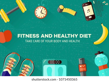 Sports and healthy lifestyle banner with top view of various sport equipment, gadgets for sportsperson and diet food for training and doing workout. Isolated flat vector illustration.