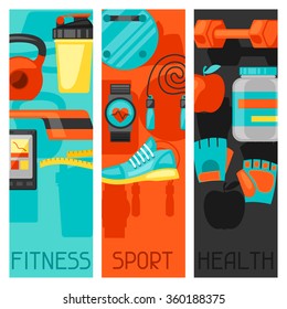 Sports and healthy lifestyle banners with fitness icons. Image can be used on advertising booklets, banners, flayers.