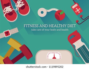 Sports and healthy lifestyle and dieting concept poster background template. Sport equipment elements - sneakers, dumbbell and fresh food apple, music player. Vector illustration