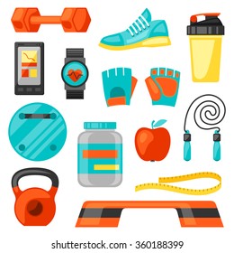 Sports and healthy lifestyle fitness icons set. Image can be used on advertising booklets, banners, flayers.