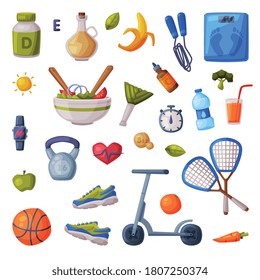 Sports and Healthy Lifestyle Set, Fitness and Sport Equipment, Nutritious Healthy Food Cartoon Style Vector Illustration