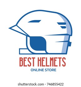 Sports helm store logo or label template in line art style. Cycling, rolling or skating helmet icon in outline design. Crash protector head wear or hard hat for for bikers, rollers and skaters.