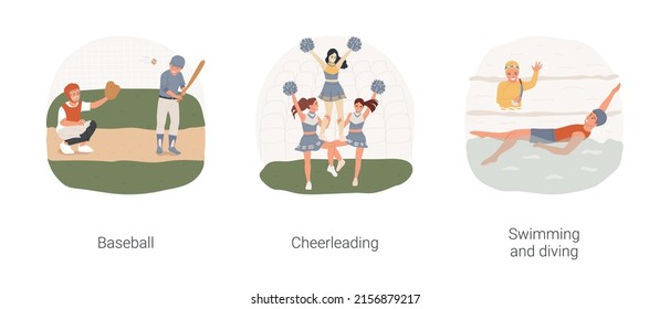 Sports in high school isolated cartoon vector illustration set. Baseball game, high school cheerleading group training, competitive spirit, swimming competition, diving lesson, vector cartoon.