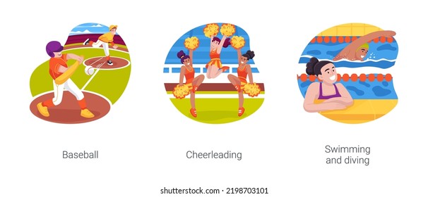 Sports In High School Isolated Cartoon Vector Illustration Set. Baseball Game, High School Cheerleading Group Training, Competitive Spirit, Swimming Competition, Diving Lesson, Vector Cartoon.