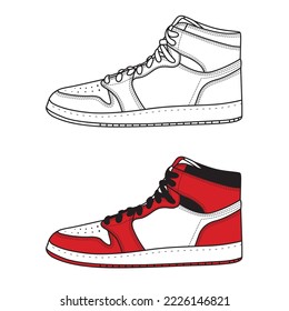 sports high-top sneakers, flat design, line art, vector