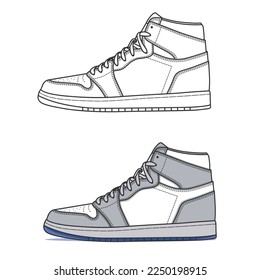 Sports high-top sneakers with grey and white color, flat design, line art, vector